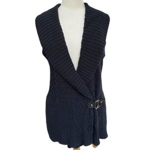 Lauren Ralph Lauren Black Chunky Cable Knit Equestrian Vest Bridle Detail